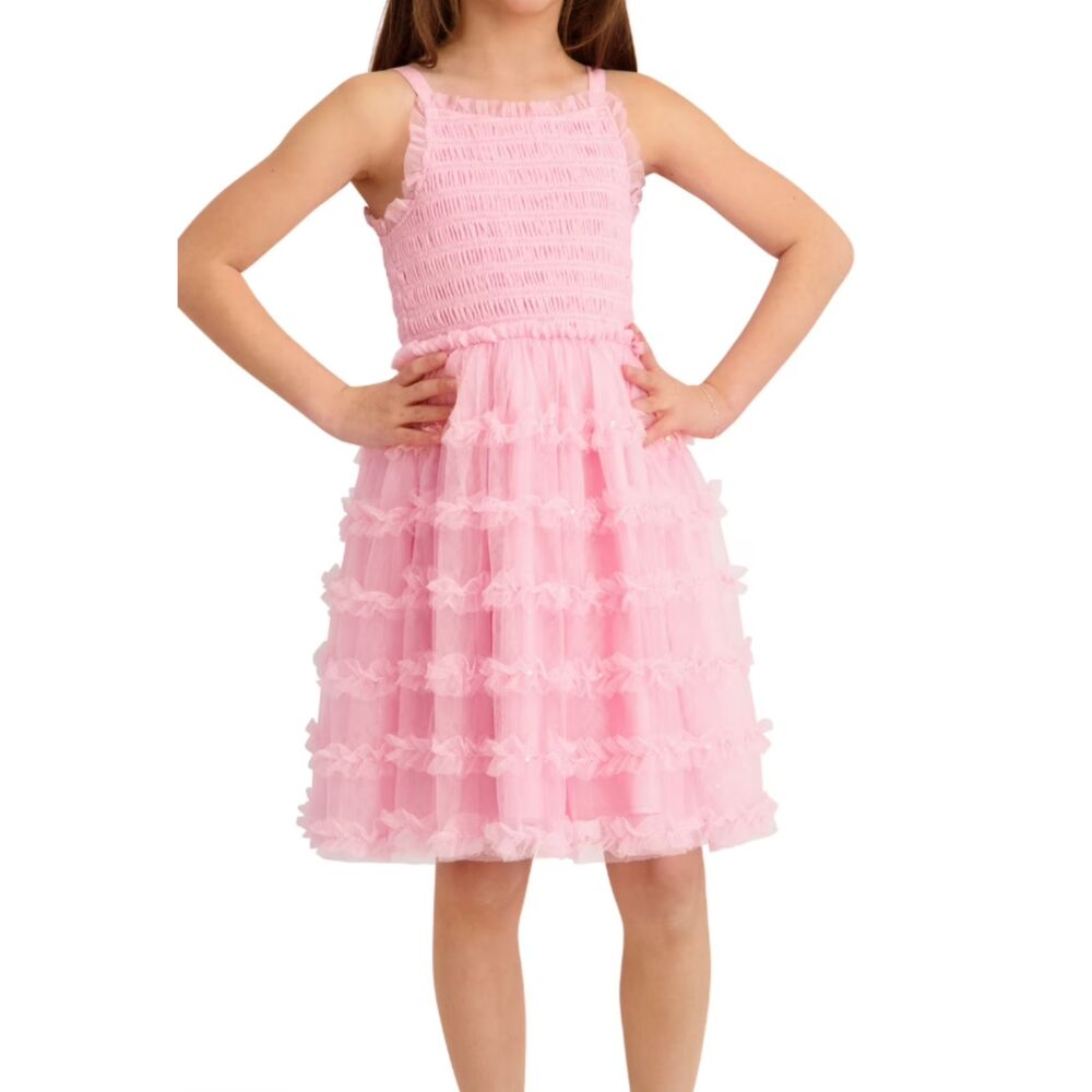 Kensie Girl Sleeveless Irridescent Glitter Pink Mesh Dress